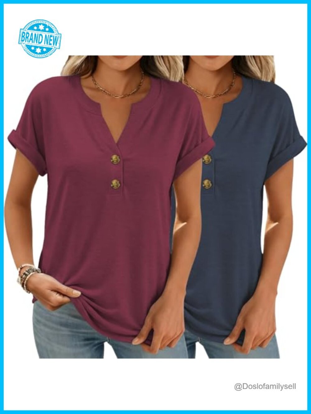 Womens V Neck Henley T Shirt Short Sleeve Casual Loose Fit Top